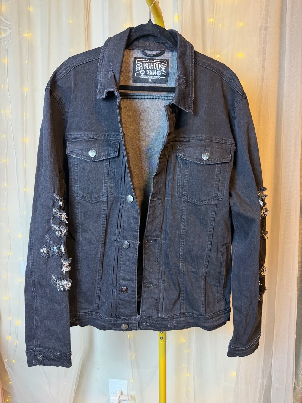 The Grindhouse Denim Co. XL Black Denim Jacket W/ Plaid Details On Sleeves